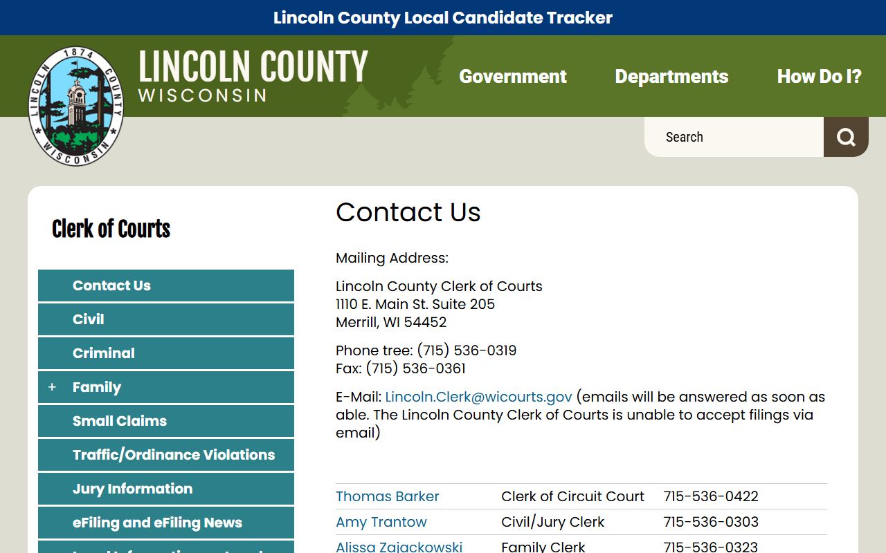 Lincoln County Civil Court Records clerk contact page