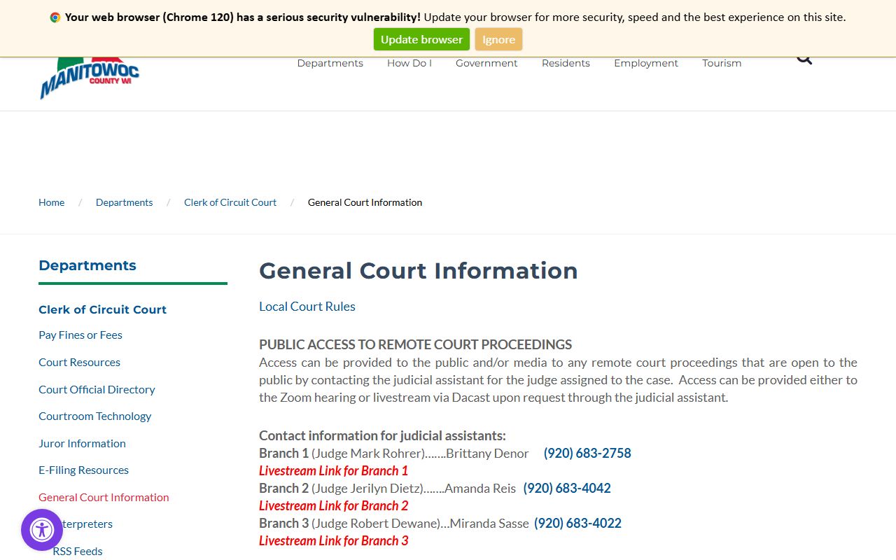 Manitowoc County Civil Court Records clerk office page