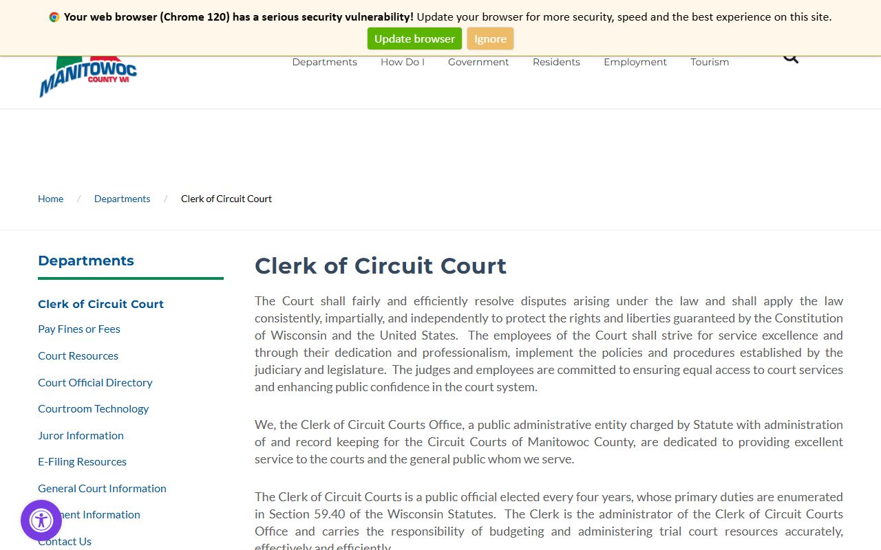 Manitowoc County Civil Court Records general court information page