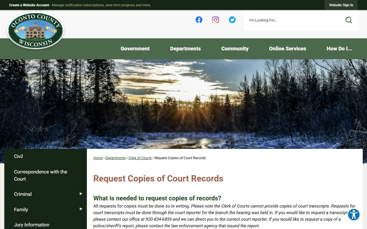 Oconto County Civil Court Records copy request page
