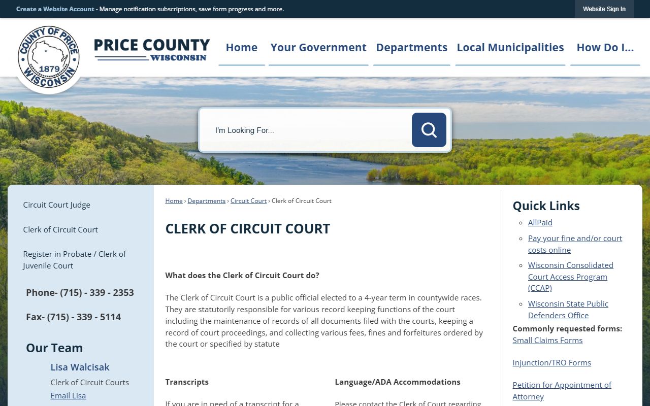 Price County Civil Court Records clerk page