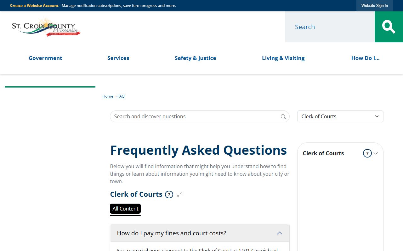 St. Croix County Civil Court Records clerk FAQ page