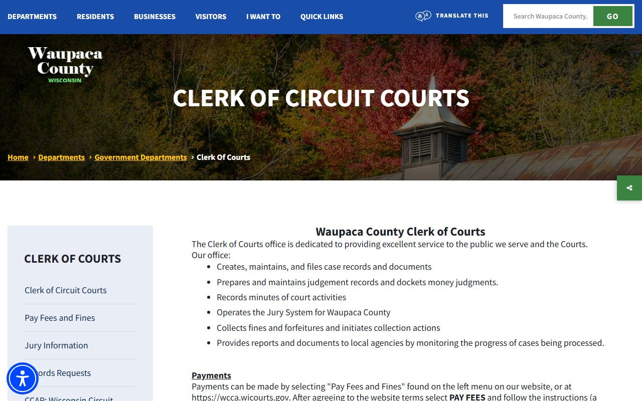 Waupaca County Civil Court Records clerk office page