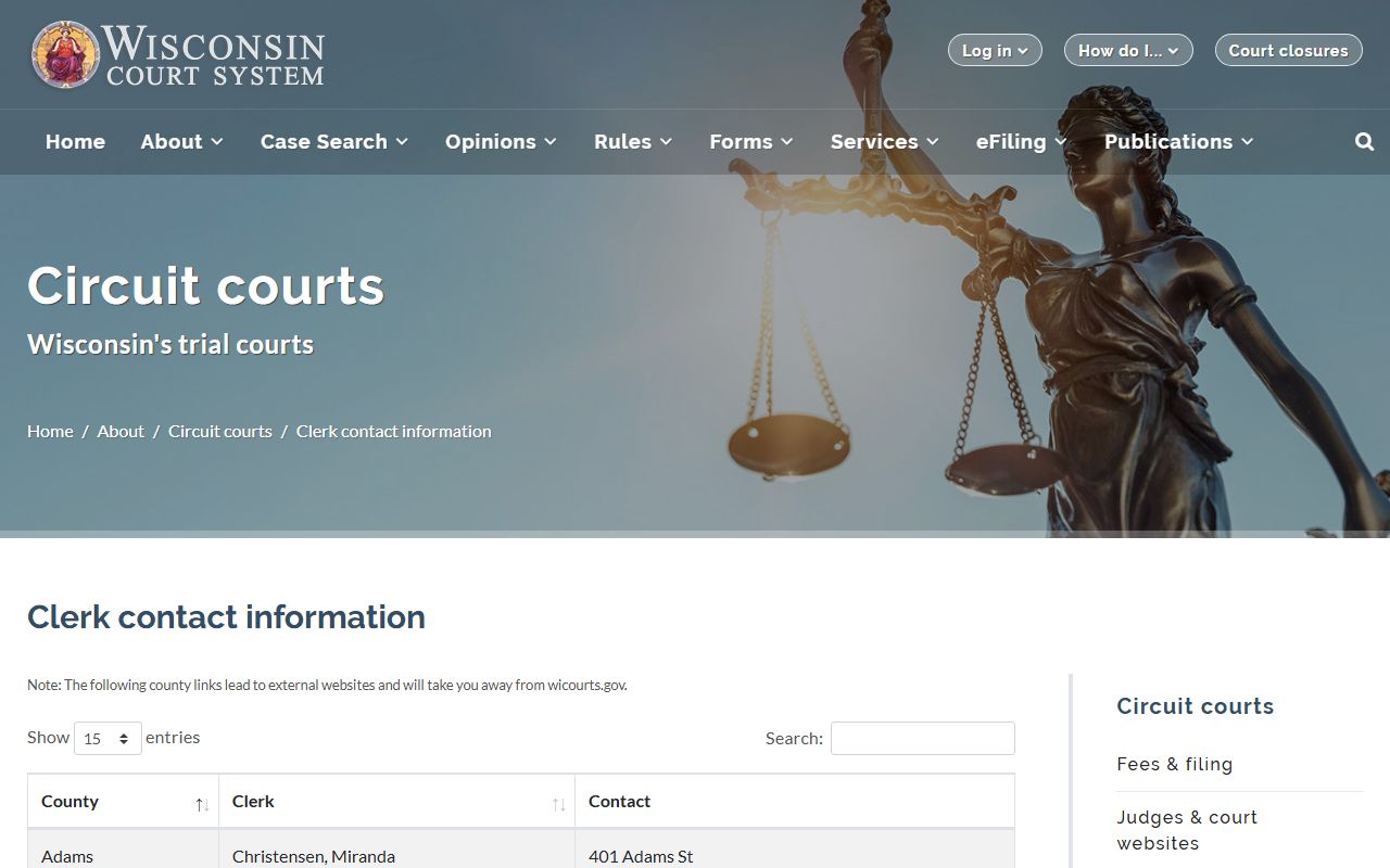 Wisconsin Civil Court Records clerk contact directory